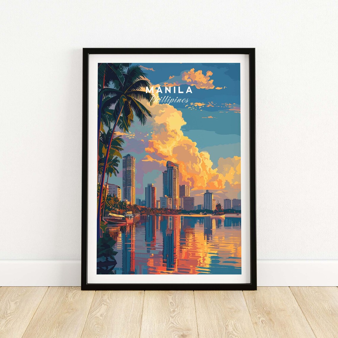 Manila Philippines Sunset Skyline Palm Trees Harbor Travel Poster