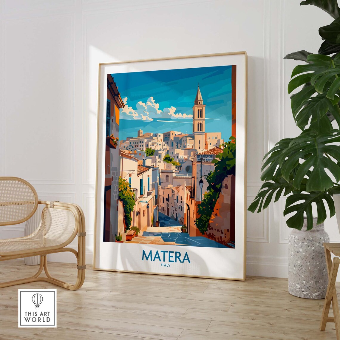 Matera Italy Old Town Street White Houses Bell Tower View Poster - Image 2