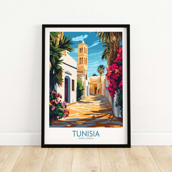 Tunisia North Africa Street Poster with Minaret and Bougainvillea