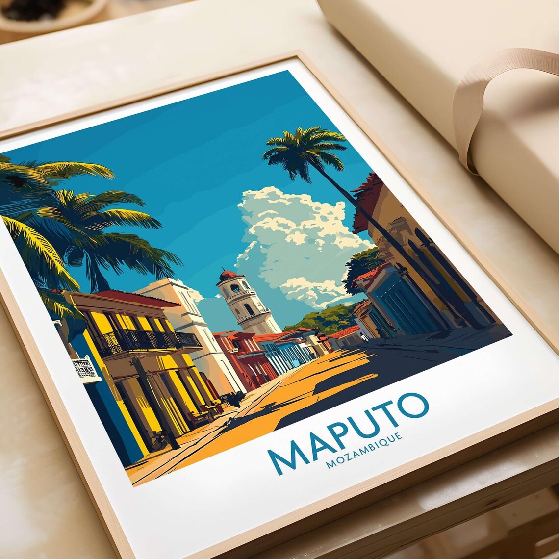 Maputo Mozambique Sunny Palm Street Colonial Church Travel Poster