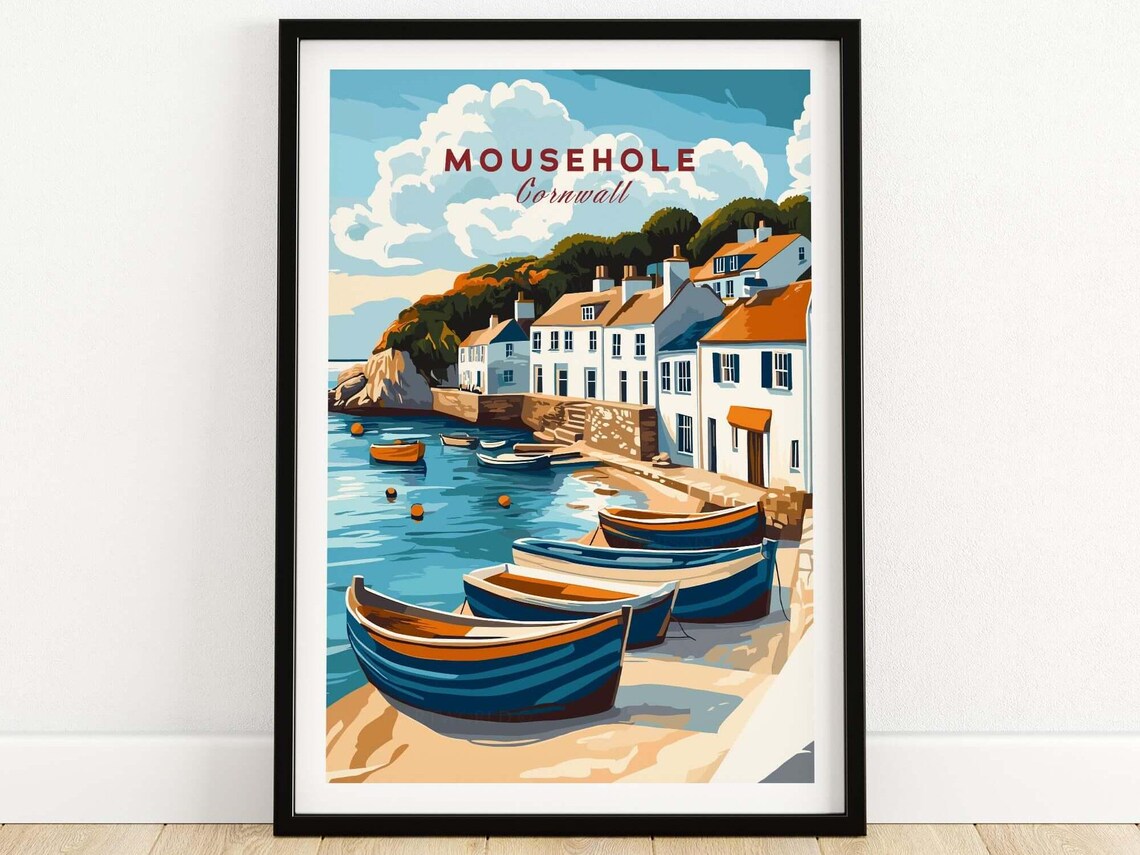 Mousehole Cornwall Fishing Village Harbor Boats Sunny Travel Poster