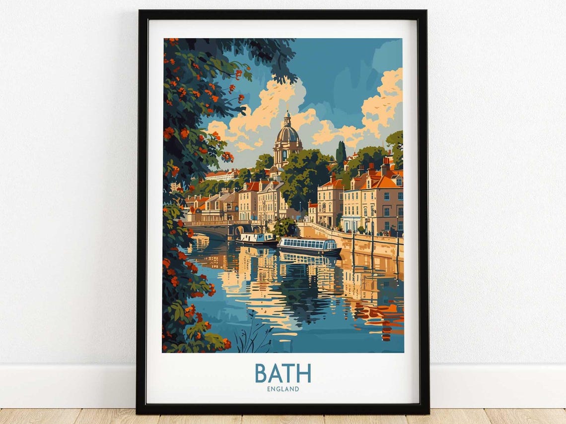 Bath England River Avon Georgian Terrace Vintage Travel Poster