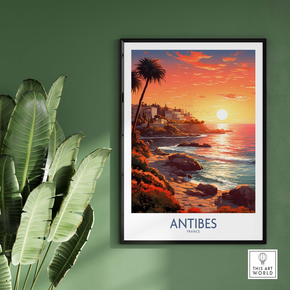 Red Antibes France Sunset Rocky Coast Palms Riviera Glow Poster - Image 2