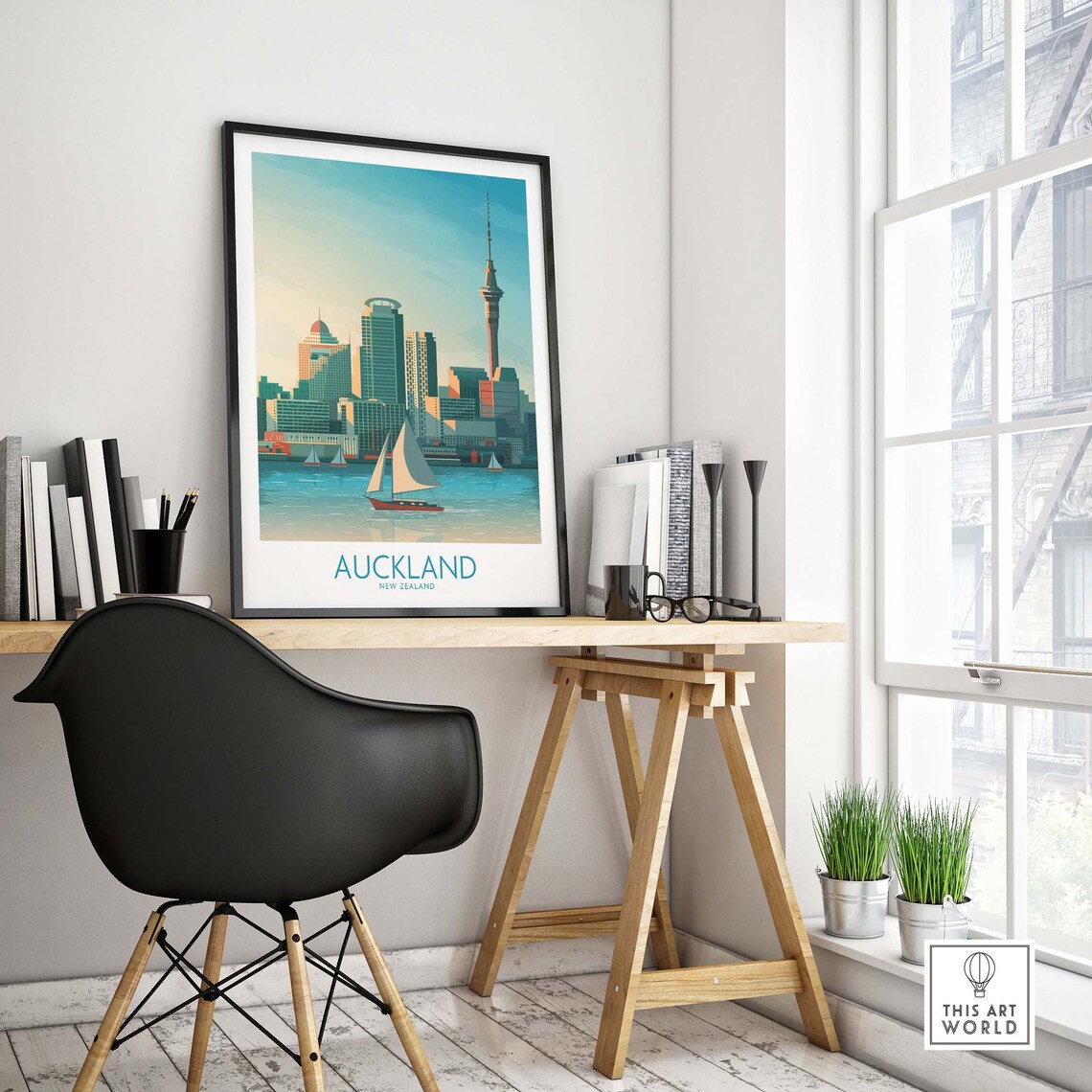 Auckland New Zealand Sky Tower Harbor Sailboats Travel Poster - Image 4