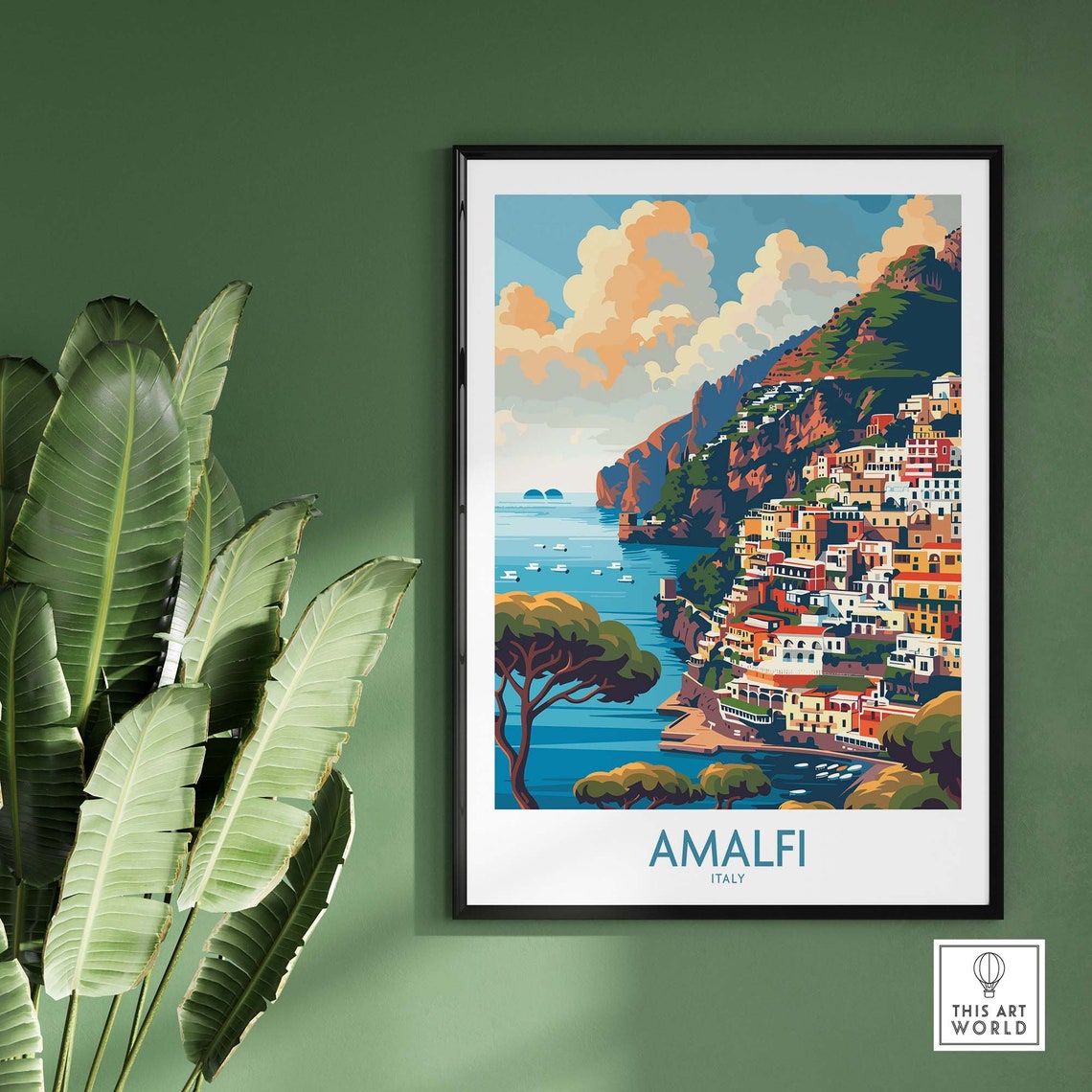 Amalfi Italy Pine Framed Cliff Coast Blue Sea View Travel Poster - Image 2