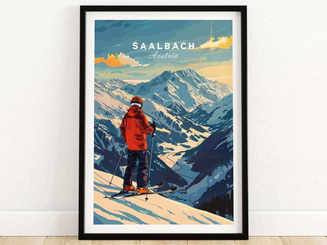 Saalbach Austria Ridge Skier Overlooking Alpine Valley Ski Travel Poster
