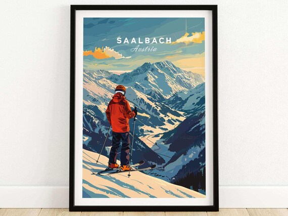Saalbach Austria Ridge Skier Overlooking Alpine Valley Ski Travel Poster