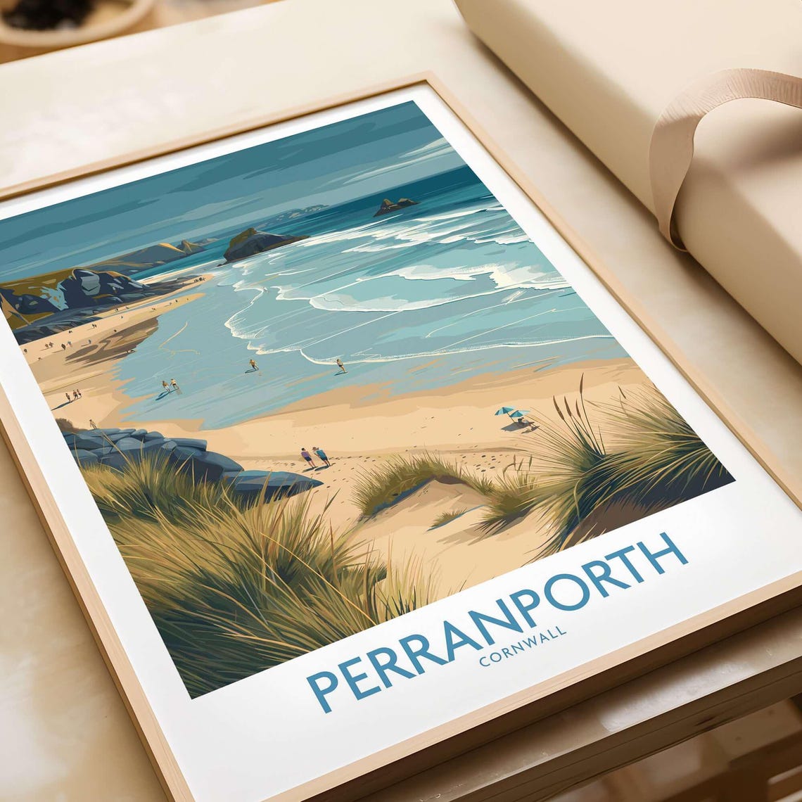 Perranporth Cornwall Surf Beach Aerial View Vintage Travel Poster