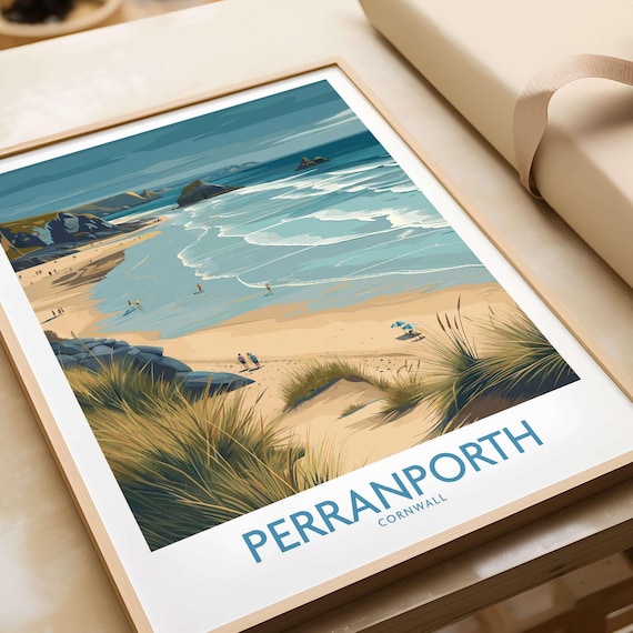 Perranporth Cornwall Surf Beach Aerial View Vintage Travel Poster