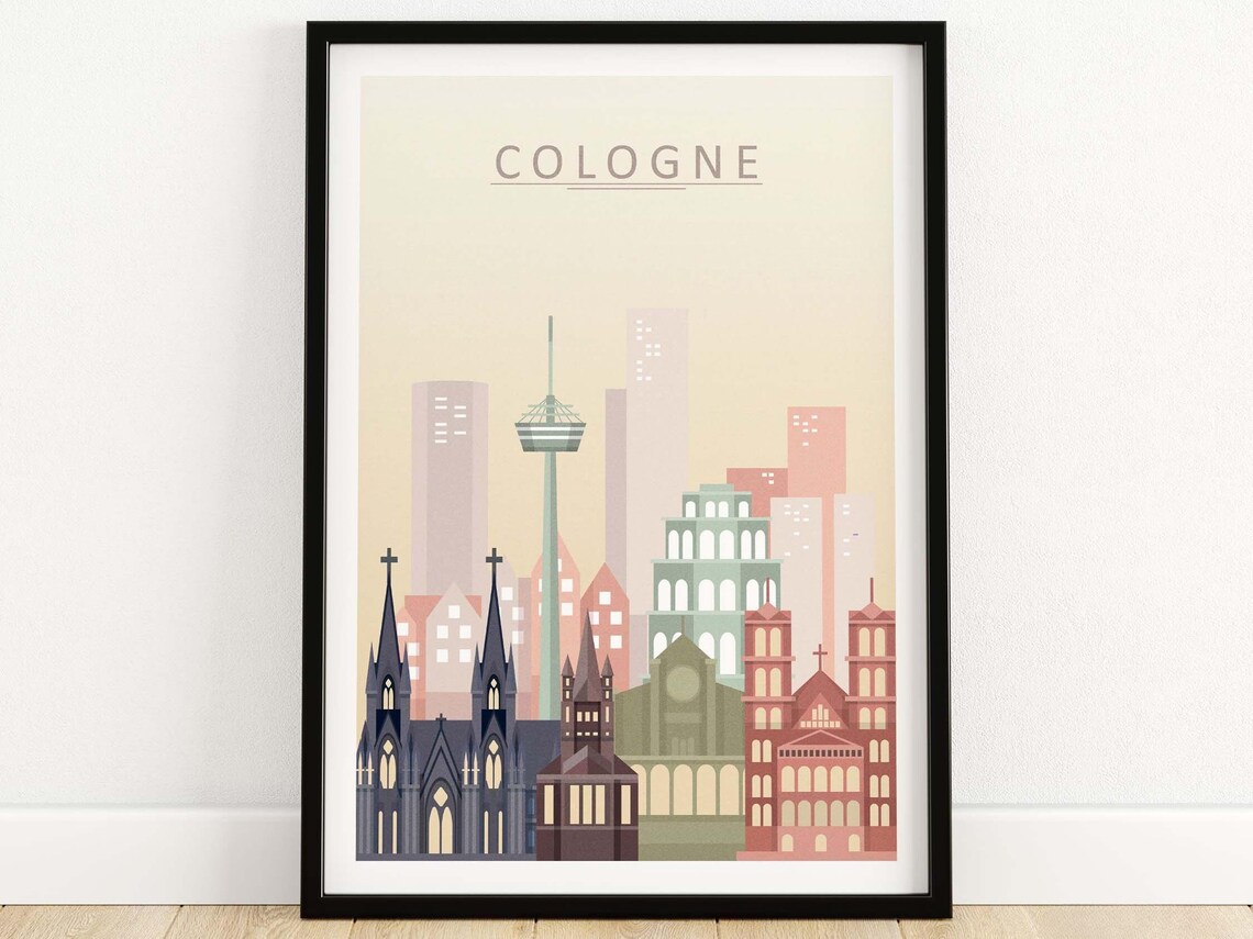 Cologne City Skyline Travel Poster, Pastel Artwork