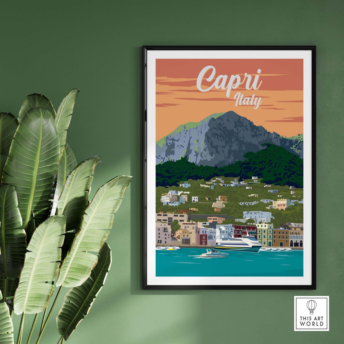Capri Italy Retro Script Island Harbor Sunset Scenic Art Poster - Image 3