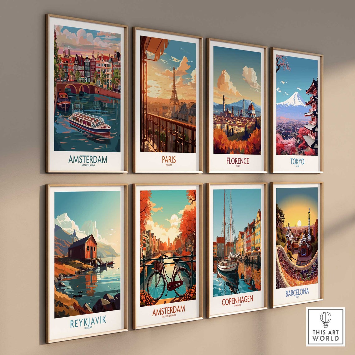 Amsterdam Netherlands Canal Boats Bridge Sunset Retro Travel Poster - Image 3