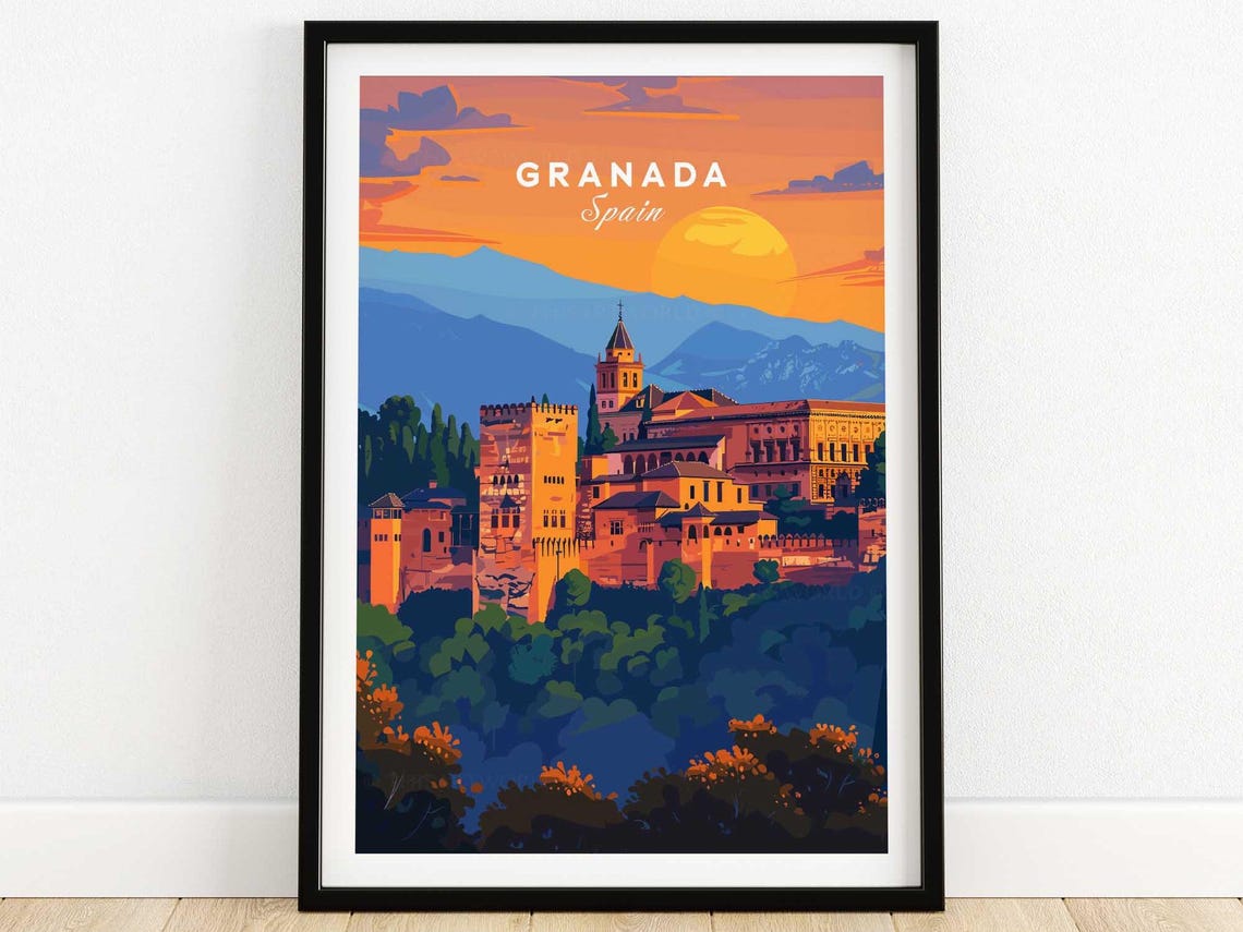 Granada Spain Alhambra Palace Sunset Retro Illustration Poster