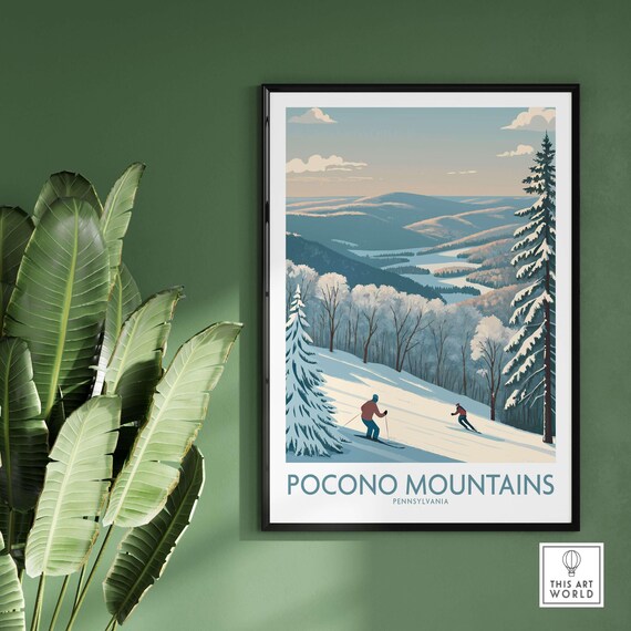 Pocono Mountains Pennsylvania Winter Ski Descent Retro Travel Poster