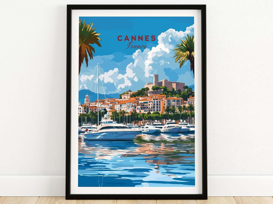 Cannes France Riviera Luxury Yachts Marina Palm Beach Travel Poster