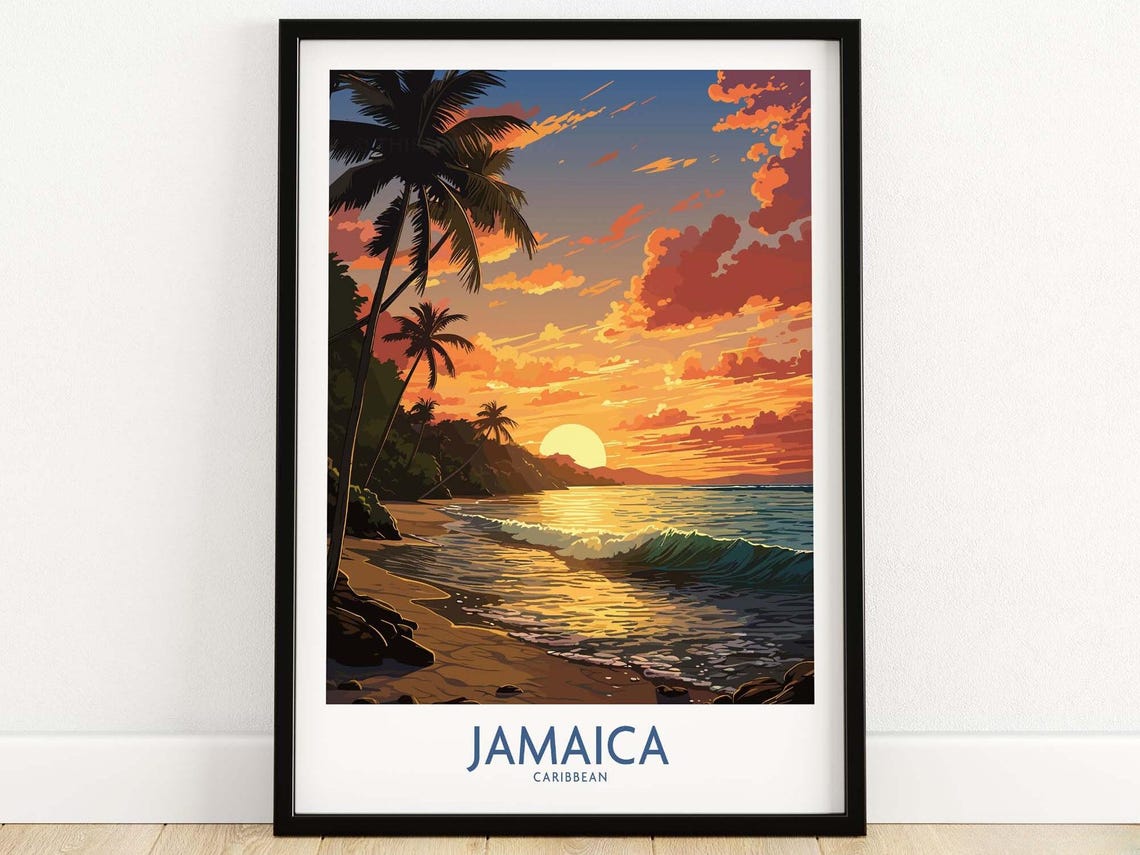 Jamaica Caribbean Sunset Beach Palm Trees Ocean Waves Poster