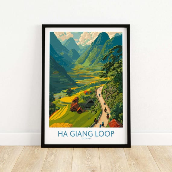 Vietnam Ha Giang Loop Village Poster Mountain Valley Print Motorbike Travel Wall Art Gift Lovers Illustration
