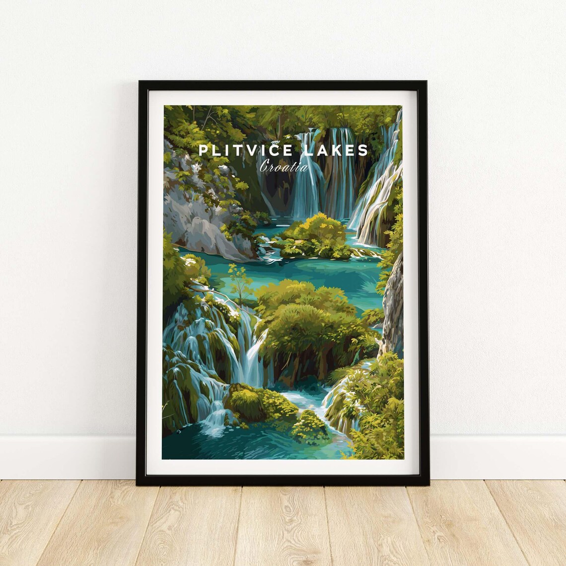 Plitvice Lakes Travel Poster, Croatia Nature Scene