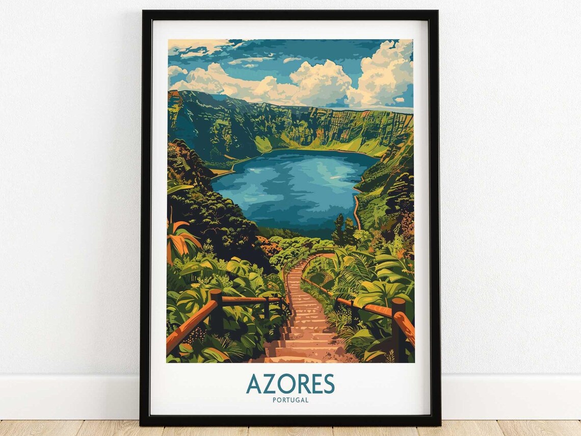 Azores Portugal Volcanic Crater Lake Trail Vintage Travel Poster