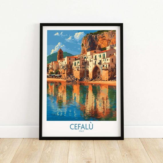 Cefal Italy Poster Vintage Travel Wall Art Sicilian Coastal Print Italian Home Decor Mediterranean Landscape Illustration