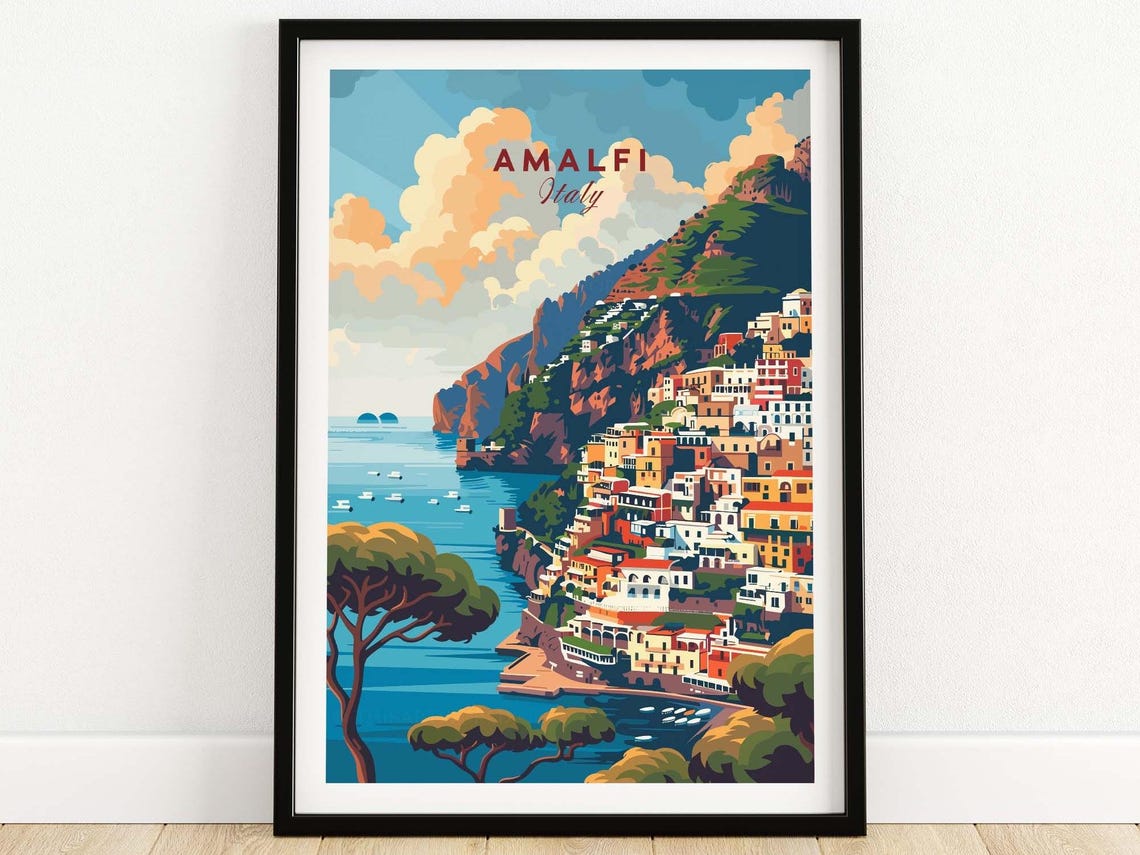 Amalfi Italy Cliffside Coastal Town Seascape Vintage Travel Poster