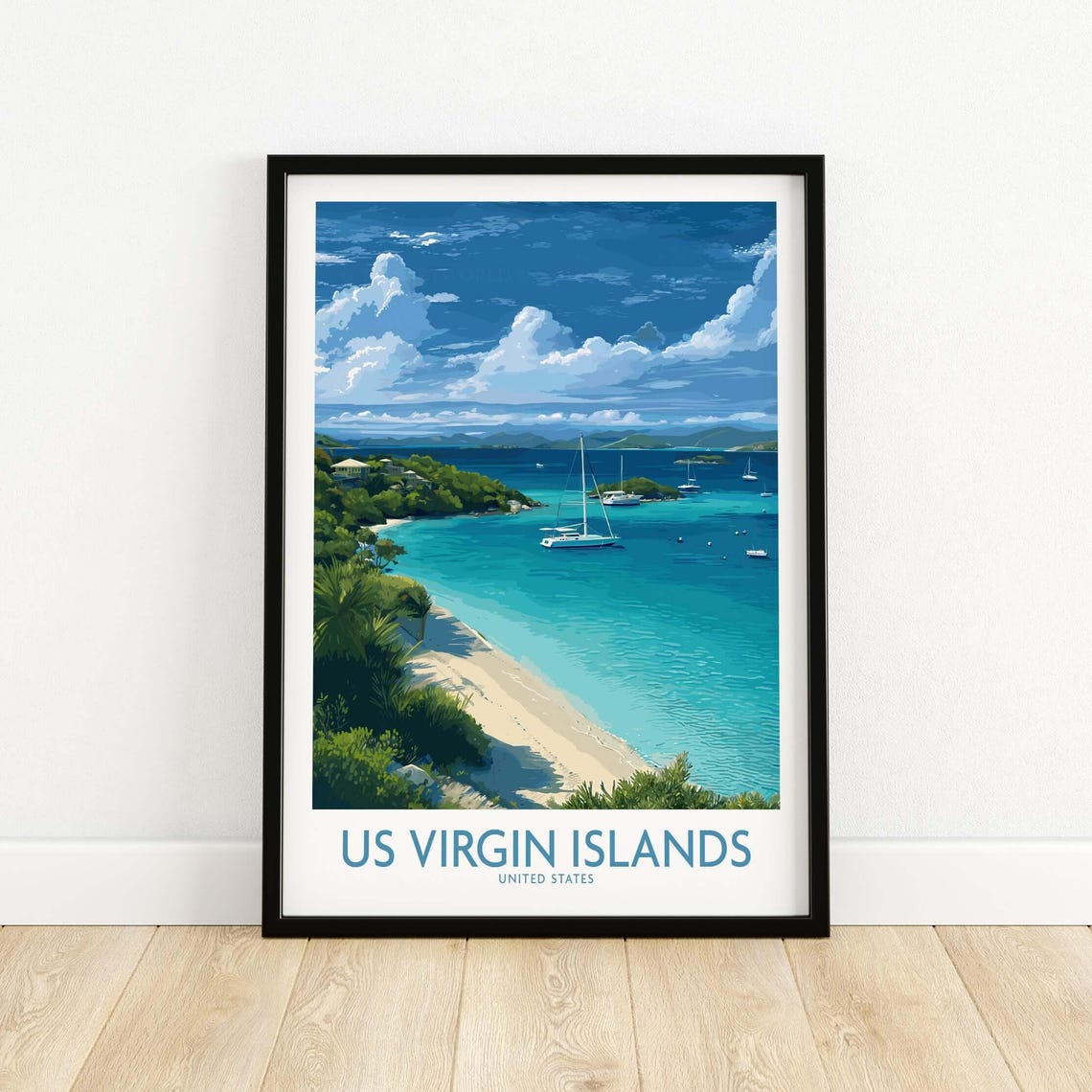 US Virgin Islands Beach Poster with Sailboats in Turquoise Bay