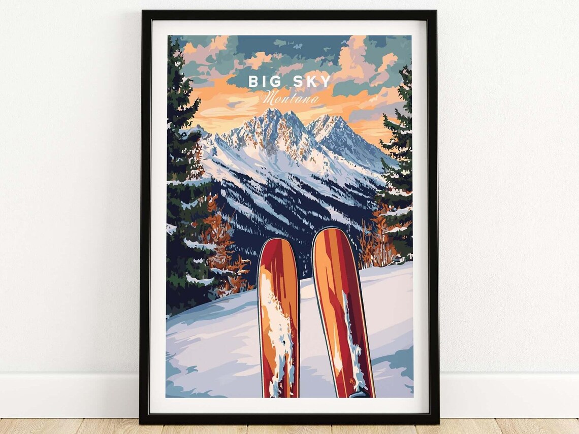 Big Sky Montana Ski Resort Vintage Skis Mountain Sunset Travel Poster