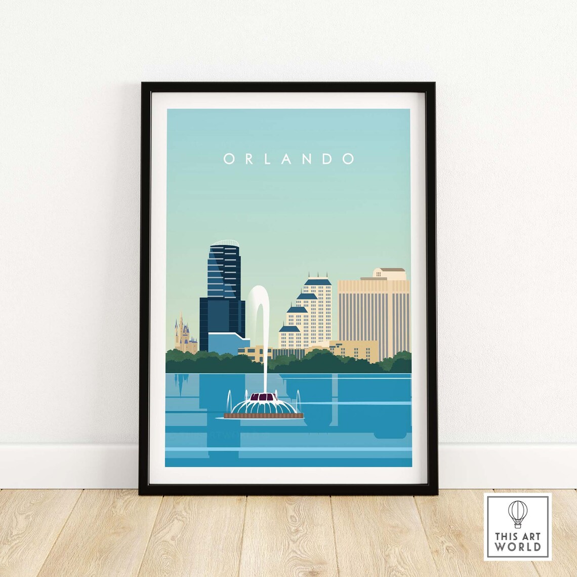 Orlando Florida Downtown Skyline Lake Fountain Vintage Travel Poster