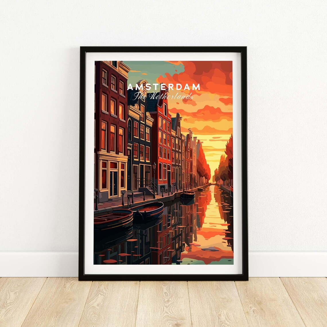 Amsterdam Netherlands Sunset Canal Boats Historic Houses Travel Poster