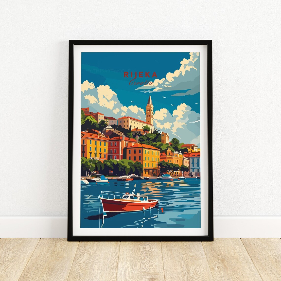 Rijeka Croatia Harbor Red Boat Coastal Town Sunset View Poster