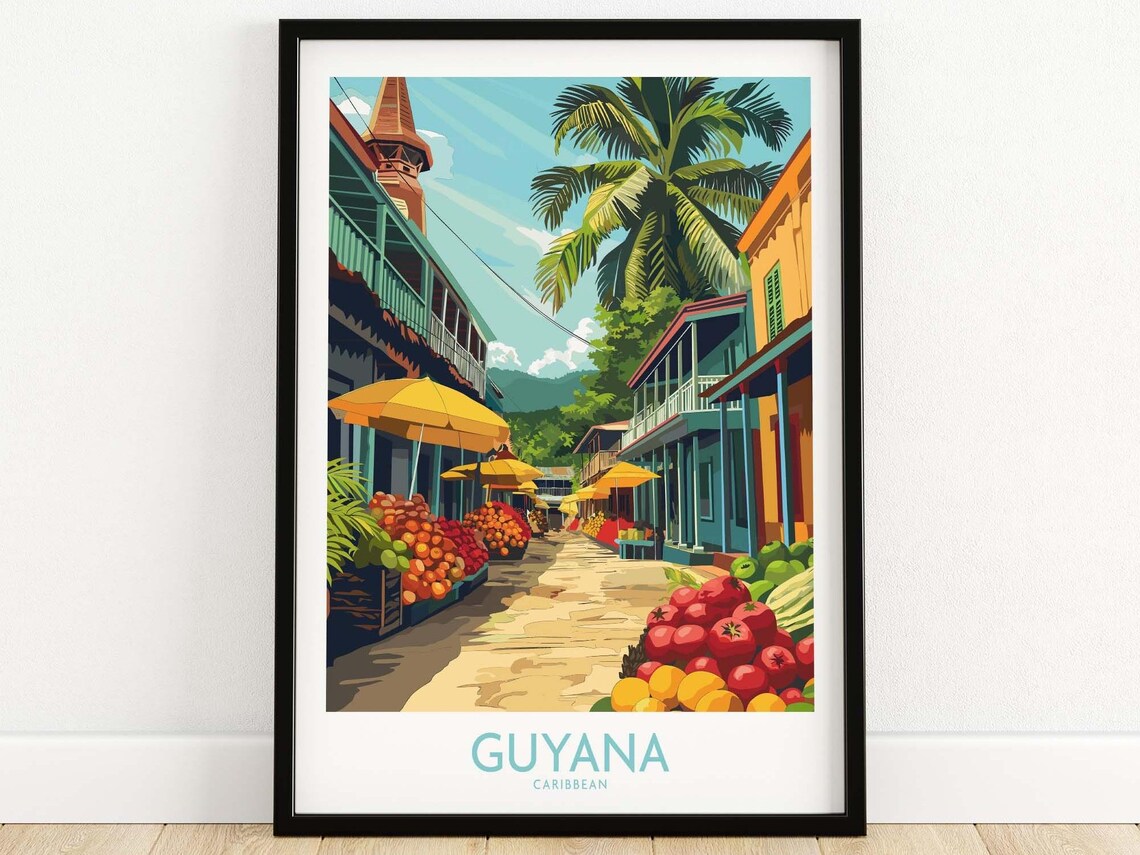 Guyana Caribbean Market Street Fruit Stalls Umbrellas Poster
