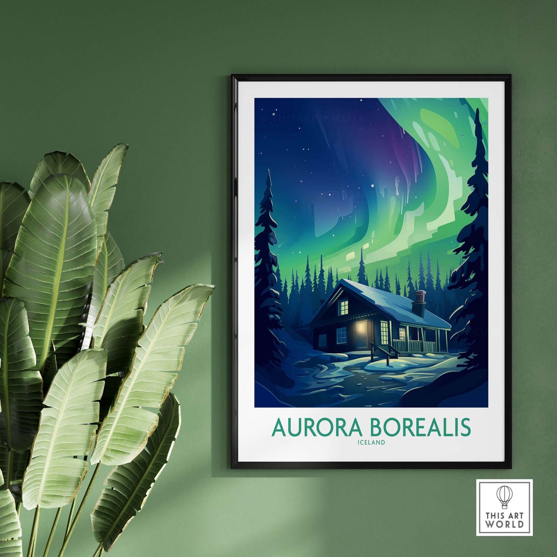 Aurora Borealis Iceland Northern Lights Snowy Cabin Travel Poster - Image 2
