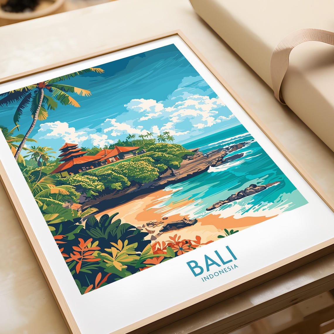 Bali Indonesia Tropical Temple Beach Coast Vintage Travel Poster
