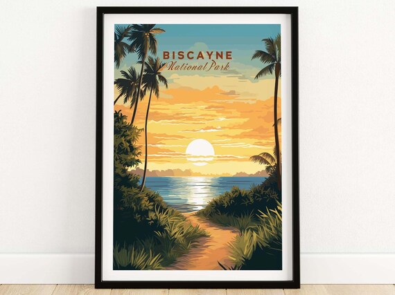 Biscayne National Park Sunset Palms Over the Ocean Travel Poster