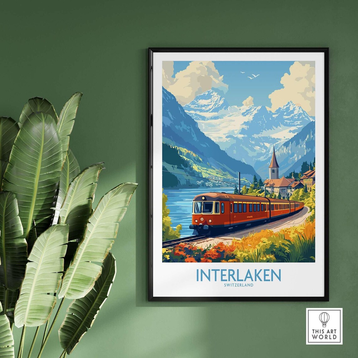 Interlaken Switzerland Red Railcar Lakeside Vintage Travel Poster - Image 2