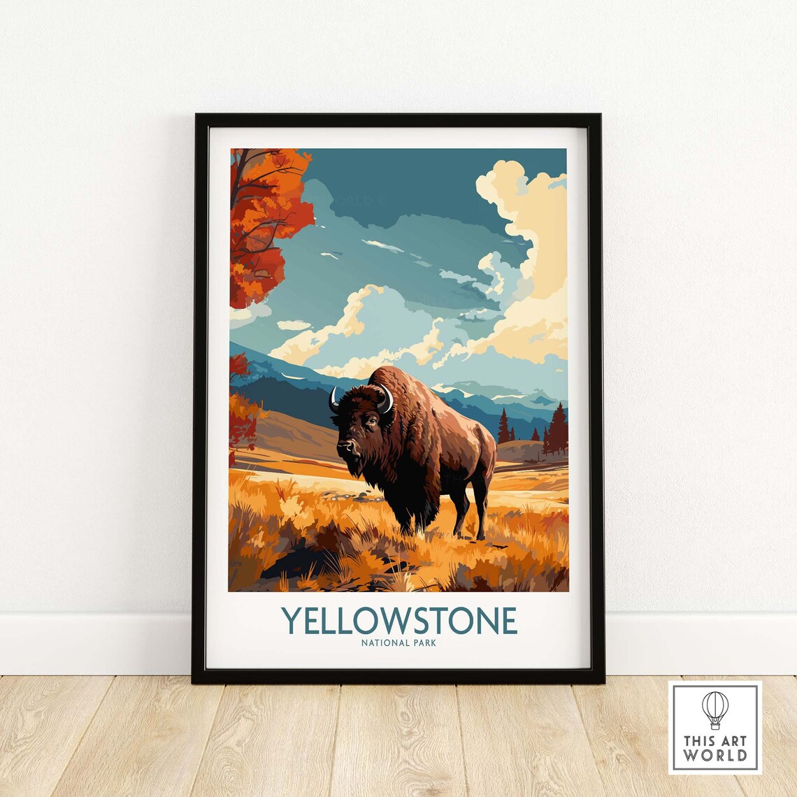 Yellowstone National Park Bison Autumn Prairie Travel Poster