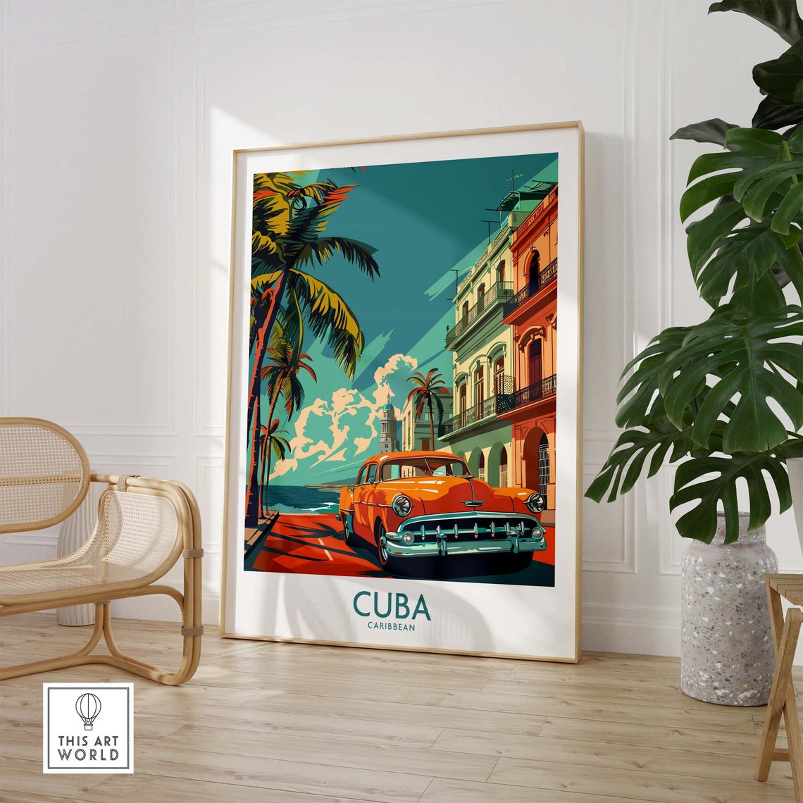 Cuba Caribbean Classic Car Oceanfront Promenade Palms Travel Poster - Image 2