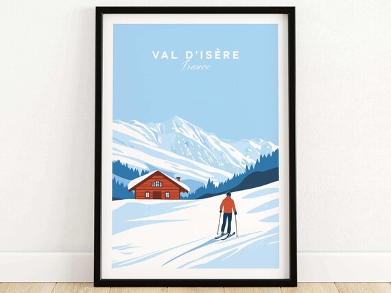 Val d'Isère France Red Chalet Cabin and Skier Minimalist Ski Poster