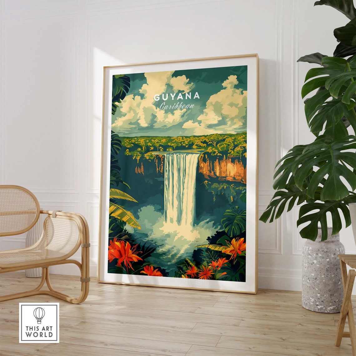 Guyana Caribbean Jungle Waterfall Orange Flowers Nature Poster - Image 2