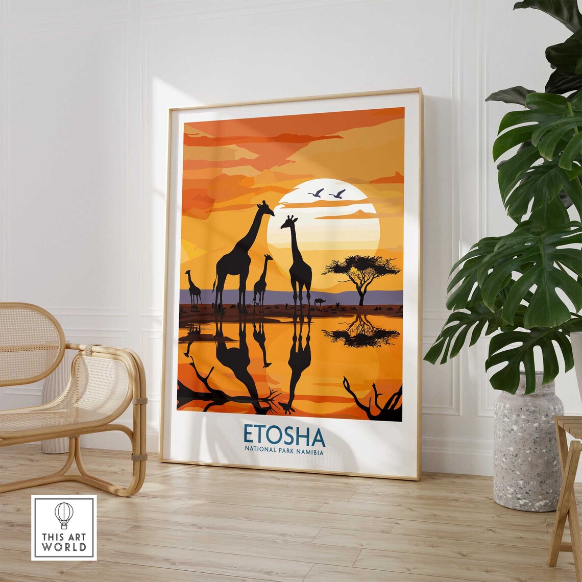 Etosha Namibia Giraffe Herd Waterhole Sunset Safari Art Poster - Image 2