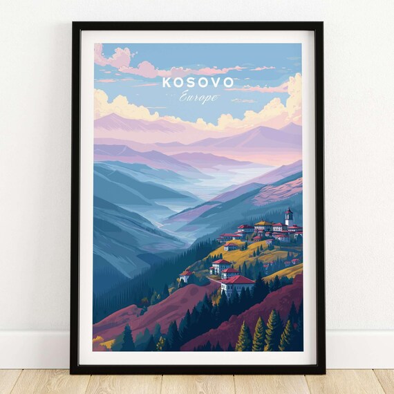 Kosovo Europe Mountain Village Red Roof Houses Vintage Poster