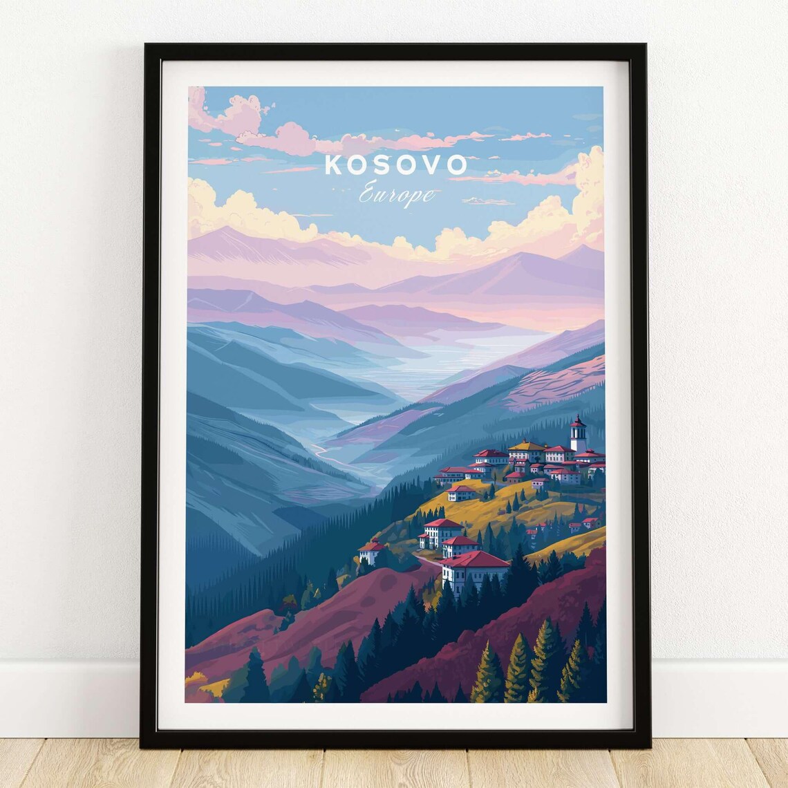 Kosovo Europe Mountain Village Red Roof Houses Vintage Poster