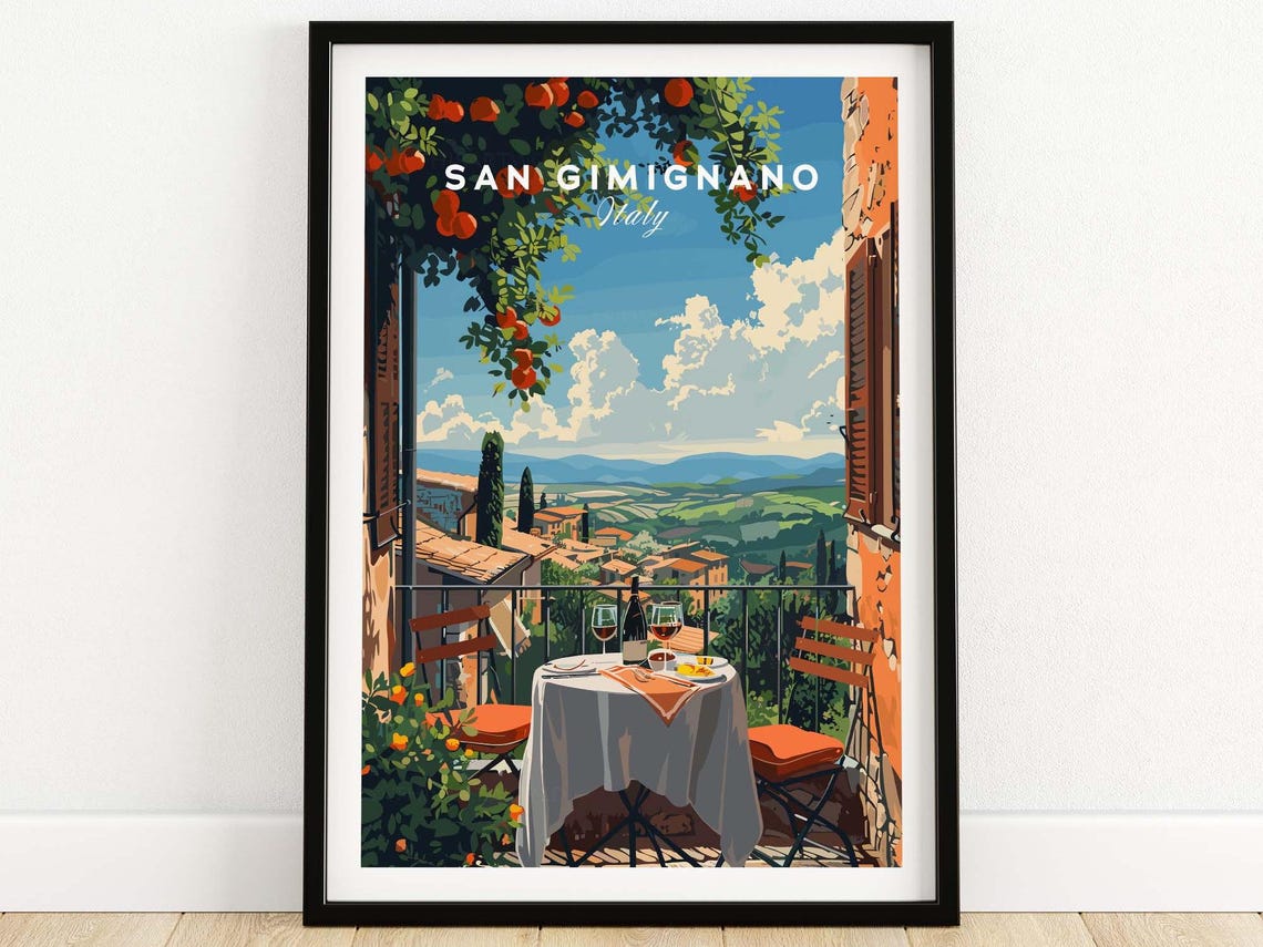 San Gimignano Italy Terrace Wine Citrus Trees Tuscan Hills Poster