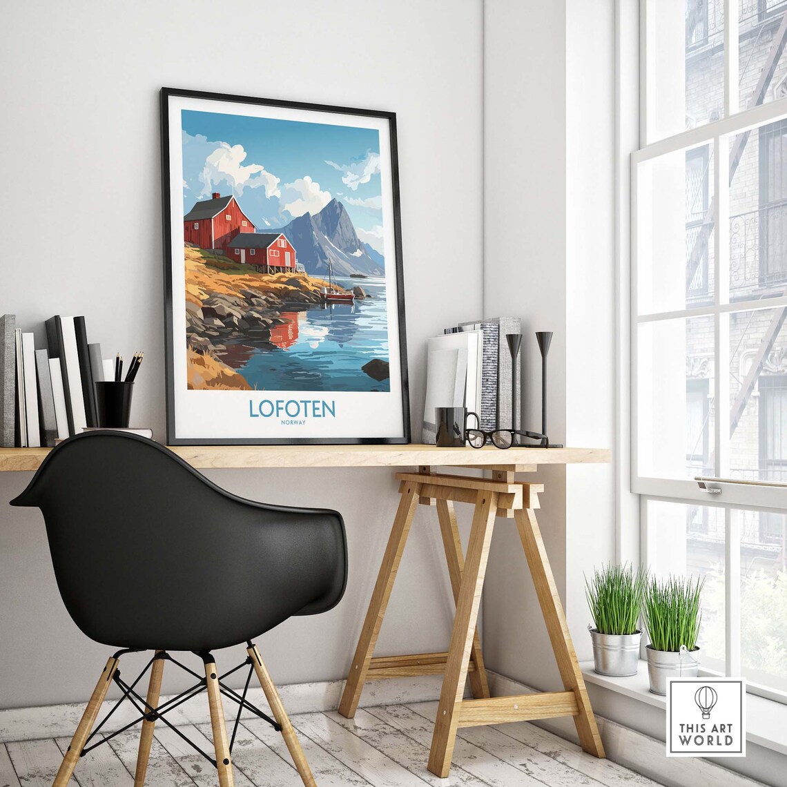 Lofoten Norway Red Cabins Fjord Mountains Harbor Scenic Travel Poster - Image 4