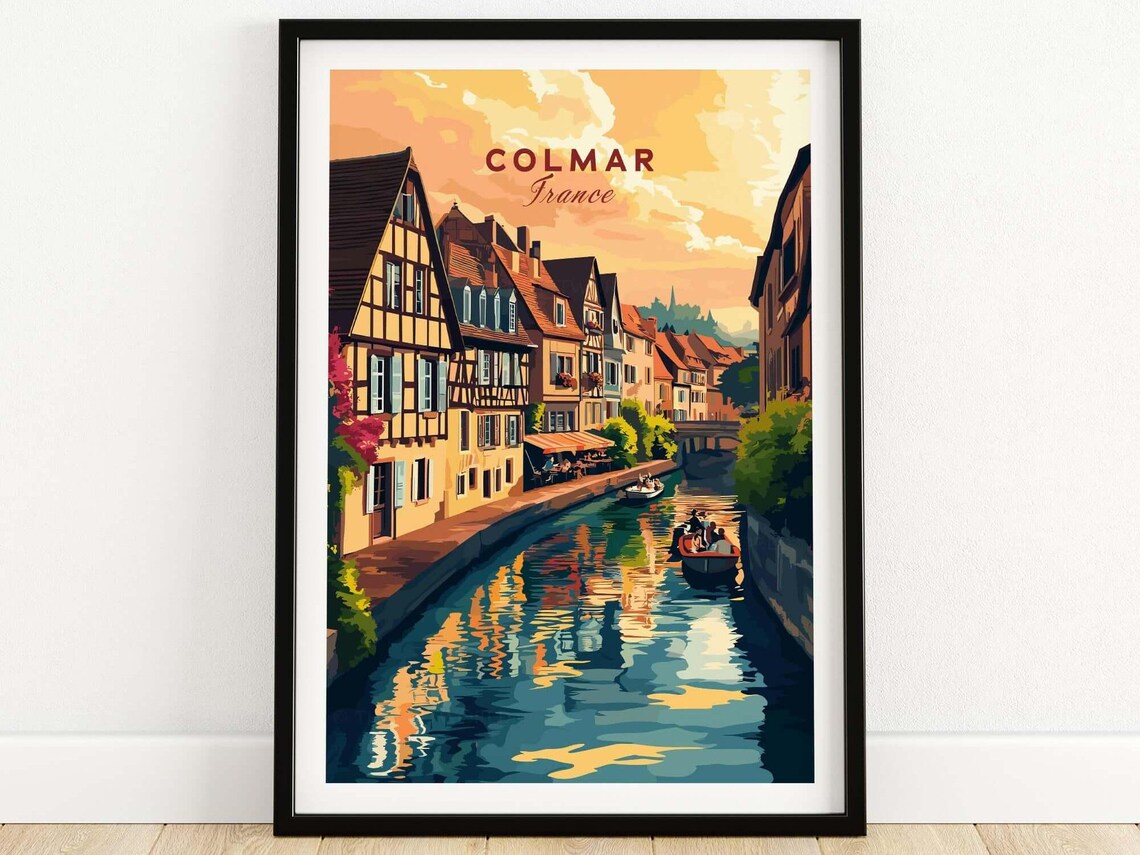 Colmar France Canal Half Timbered Houses Sunset Water Travel Poster
