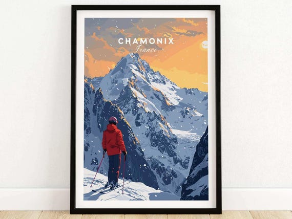 Chamonix Travel Poster France Ski Resort Art Print Skiing Wall Winter Sports Artwork Lodge Decor Gift