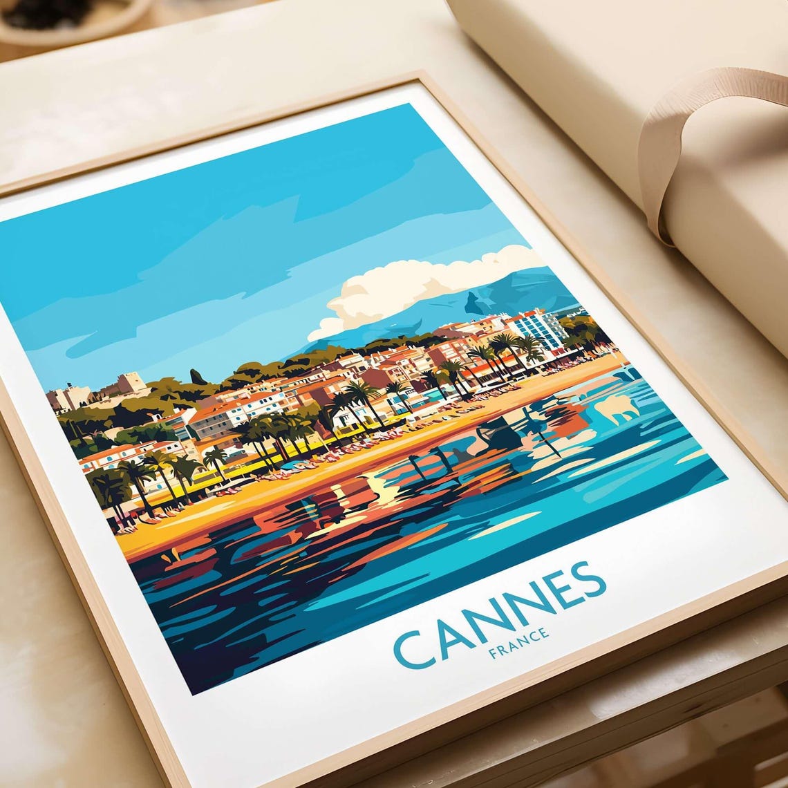 Cannes France Palm Beach Sunset Ocean Reflections Travel Poster