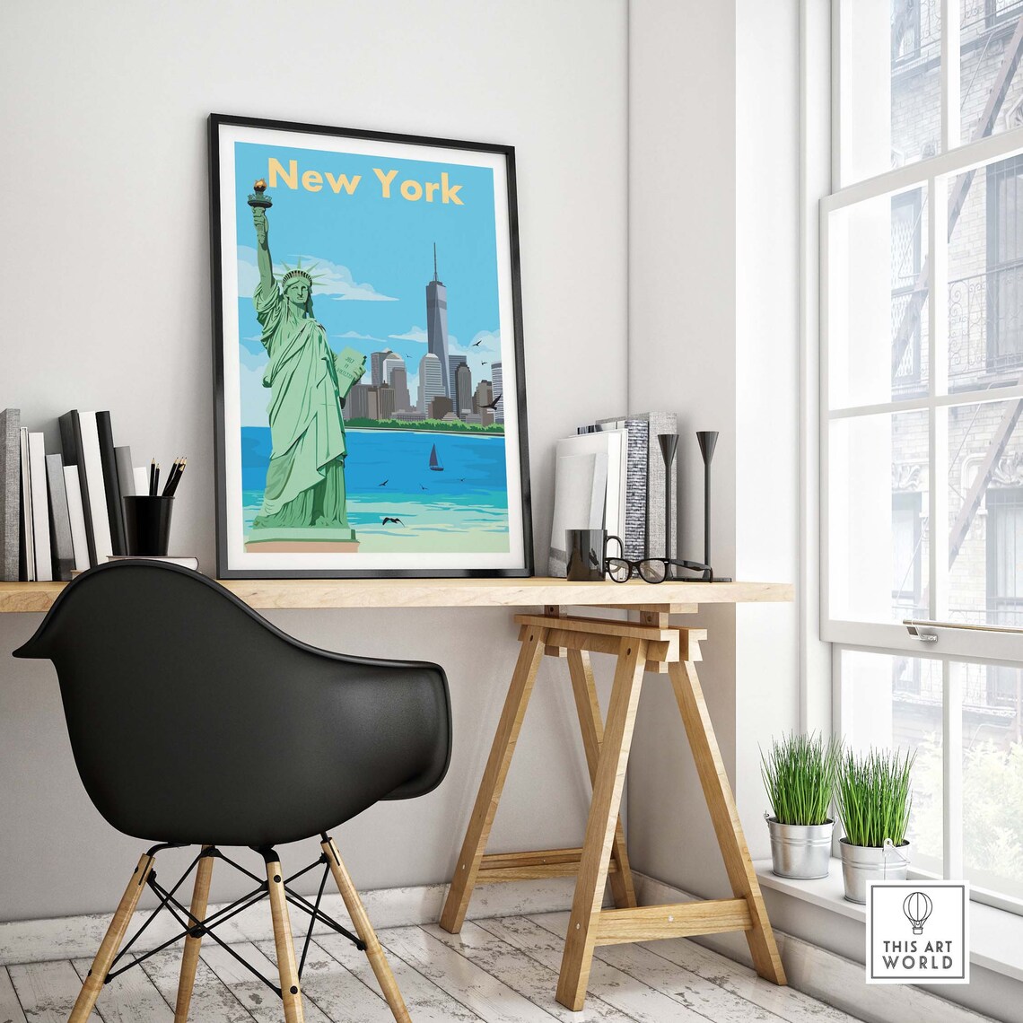 Vintage Blue New York Statue Of Liberty Skyline Harbor Poster - Image 4