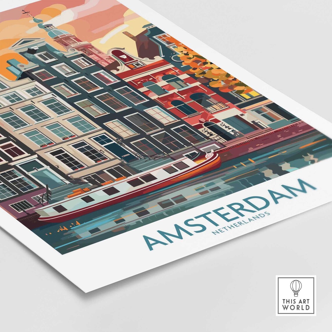 Amsterdam Netherlands Canal Houses Houseboat Sunset Travel Poster - Image 4