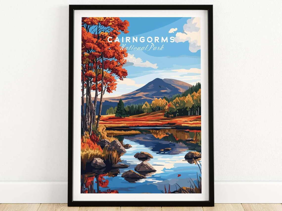 Cairngorms National Park Autumn Lake Reflection Vintage Travel Poster
